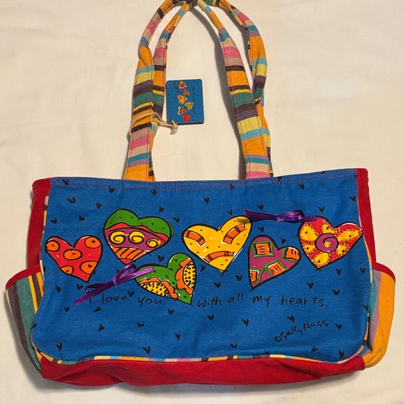 Sally Huss ~ Canvas Tote Bag Love You With  My Hearts Blue Sun N Sand - Picture 1 of 12